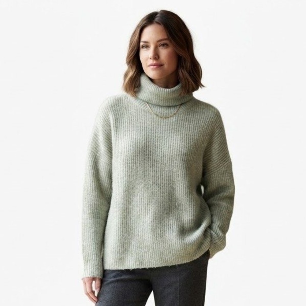 Esqualo Turtleneck Sweater Womens Medium Green Ribbed Knit Soft Forest Earthy